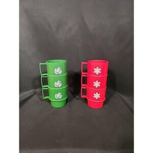 Tupperware Stacking‎ Mugs Snowflake Dove Red Green Holiday Christmas Vintage 70s